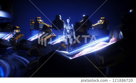 futuristic female robot in laboratory with cryocapsules with sleeping peoples. Cryo sleep future concept. 3d rendering. 121886720