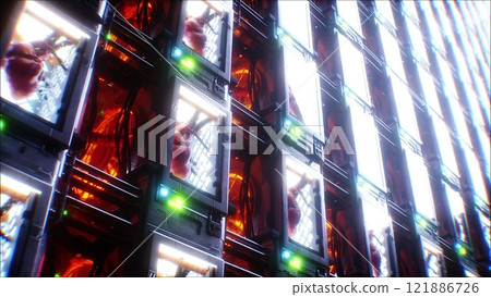Growing a heart in a futuristic capsule. genetic engineering concept. futuristic laboratory. 3d rendering. Growing a heart in a futuristic capsule. genetic engineering concept. futuristic laboratory. 3d rendering. 121886726
