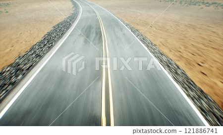 camera flight over desert highway. 3d rendering. 121886741