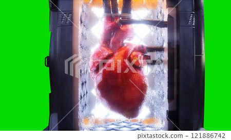 Growing a heart in a futuristic capsule. genetic engineering concept. 3d rendering. Growing a heart in a futuristic capsule. genetic engineering concept. 3d rendering. 121886742