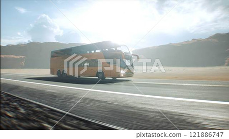 Touristic bus very fast driving on desert highway. Tourism, travel concept. 3d rendering. 121886747