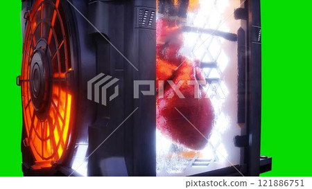 Growing a heart in a futuristic capsule. genetic engineering concept. 3d rendering. 121886751