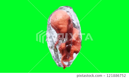 unborn baby fetus in amniotic sac. Realistic green screen. 3d rendering. 121886752