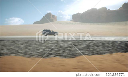 3d model luxury black car on desert highway. Very fast driving. 3d rendering. 3d model luxury black car on desert highway. Very fast driving. 3d rendering. 121886771