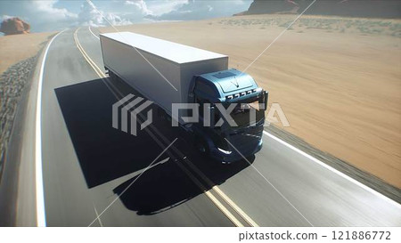 White delivery generic truck on desert highway. Very fast driving. Delivery concept. 3d rendering. White delivery generic truck on desert highway. Very fast driving. Delivery concept. 3d rendering. 121886772