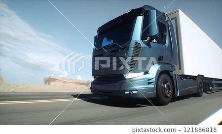 White delivery generic truck on desert highway. Very fast driving. Delivery concept. 3d rendering. White delivery generic truck on desert highway. Very fast driving. Delivery concept. 3d rendering. 121886818