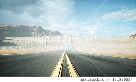 camera flight over desert highway. 3d rendering. 121886824