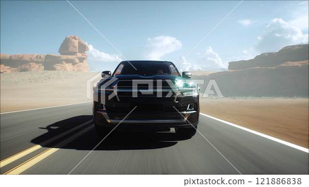 3d model luxury black car on desert highway. Very fast driving. 3d rendering. 3d model luxury black car on desert highway. Very fast driving. 3d rendering. 121886838