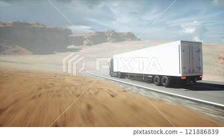 White delivery generic truck on desert highway. Very fast driving. Delivery concept. 3d rendering. White delivery generic truck on desert highway. Very fast driving. Delivery concept. 3d rendering. 121886839