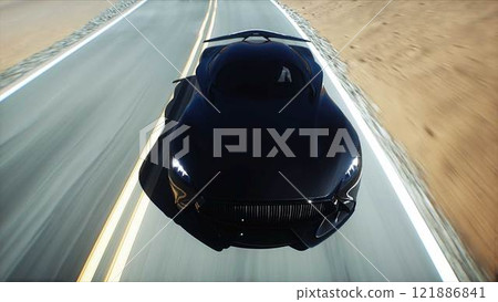 Futuristic black electric sport car very fast driving on desert highway. Futuristic concept. 3d rendering. Futuristic black electric sport car very fast driving on desert highway. Futuristic concept. 3d rendering. 121886841