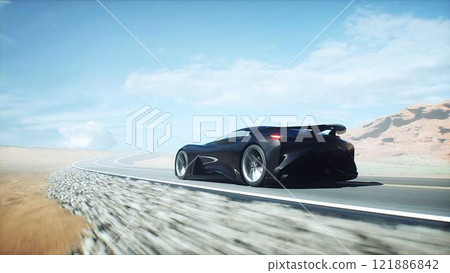 Futuristic black electric sport car very fast driving on desert highway. Futuristic concept. 3d rendering. Futuristic black electric sport car very fast driving on desert highway. Futuristic concept. 3d rendering. 121886842