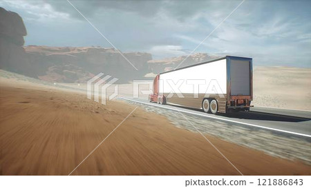 Red futuristic electric truck very fast driving on desert highway. Logistic, future concept. 3d rendering. 121886843