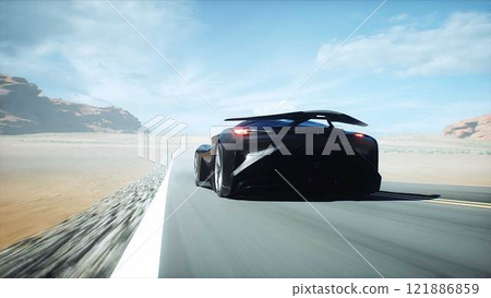 Futuristic black electric sport car very fast driving on desert highway. Futuristic concept. 3d rendering. Futuristic black electric sport car very fast driving on desert highway. Futuristic concept. 3d rendering. 121886859
