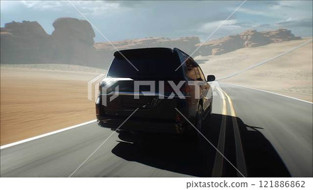 3d model luxury black car on desert highway. Very fast driving. 3d rendering. 3d model luxury black car on desert highway. Very fast driving. 3d rendering. 121886862