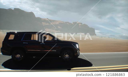 3d model luxury black car on desert highway. Very fast driving. 3d rendering. 3d model luxury black car on desert highway. Very fast driving. 3d rendering. 121886863