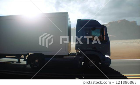 White delivery generic truck on desert highway. Very fast driving. Delivery concept. 3d rendering. White delivery generic truck on desert highway. Very fast driving. Delivery concept. 3d rendering. 121886865