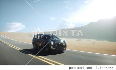 3d model luxury black car on desert highway. Very fast driving. 3d rendering. 3d model luxury black car on desert highway. Very fast driving. 3d rendering. 121886866