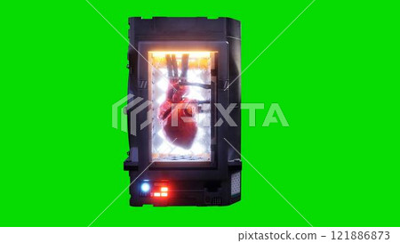 Growing a heart in a futuristic capsule. genetic engineering concept. 3d rendering. Growing a heart in a futuristic capsule. genetic engineering concept. 3d rendering. 121886873