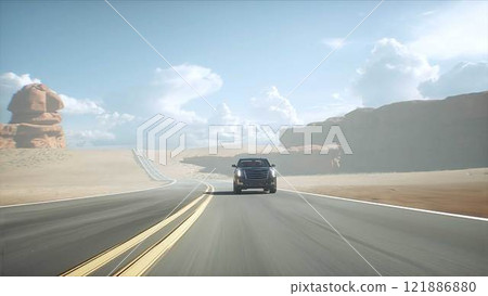 3d model luxury black car on desert highway. Very fast driving. 3d rendering. 3d model luxury black car on desert highway. Very fast driving. 3d rendering. 121886880