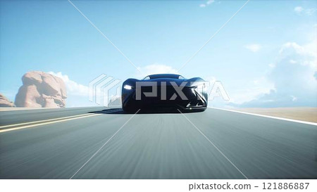 Futuristic black electric sport car very fast driving on desert highway. Futuristic concept. 3d rendering. 121886887