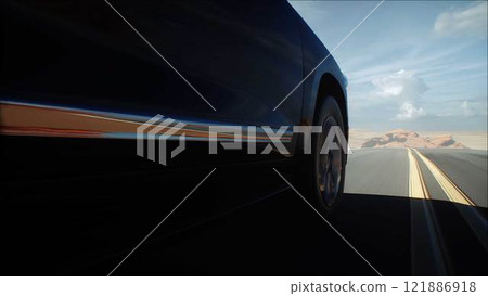 3d model luxury black car on desert highway. Very fast driving. 3d rendering. 3d model luxury black car on desert highway. Very fast driving. 3d rendering. 121886918