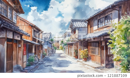日本安靜的小巷兩旁都是老房子 | 藍天和懷舊的城市景觀 日本安靜的小巷兩旁都是老房子 | 藍天和懷舊的城市景觀 121887109