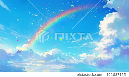 A rainbow in the blue sky and colorful light particles | A refreshing and fantastic landscape illustration A rainbow in the blue sky and colorful light particles | A refreshing and fantastic landscape illustration 121887135