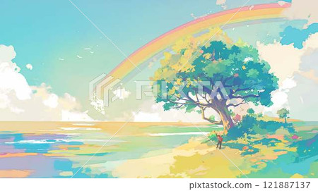 藍天中的彩虹與彩色光粒子 | 清爽夢幻的風景插畫 藍天中的彩虹與彩色光粒子 | 清爽夢幻的風景插畫 121887137