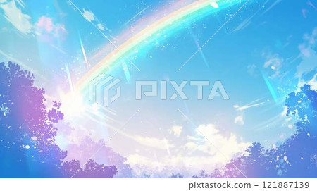 藍天中的彩虹與彩色光粒子 | 清爽夢幻的風景插畫 藍天中的彩虹與彩色光粒子 | 清爽夢幻的風景插畫 121887139