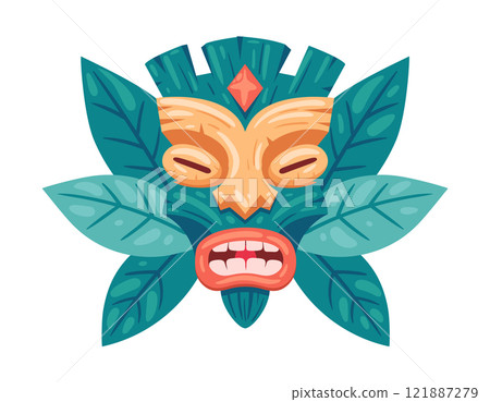 Ceremonial tiki totem mask. Wooden ethnic tiki mask, african or hawaiian idol flat vector illustration. Cartoon tribal ritual mask Ceremonial tiki totem mask. Wooden ethnic tiki mask, african or hawaiian idol flat vector illustration. Cartoon tribal ritual mask 121887279
