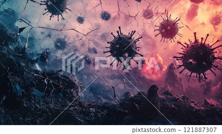 Coronavirus attacking cells and causing damage: microscopic view of virus spreading infection 121887307