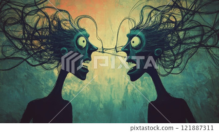 Two scary characters arguing and connected by wires in surreal illustration Two scary characters arguing and connected by wires in surreal illustration 121887311