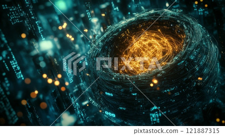 Quantum computing core creating energy and processing data, surrounded by digital binary code 121887315