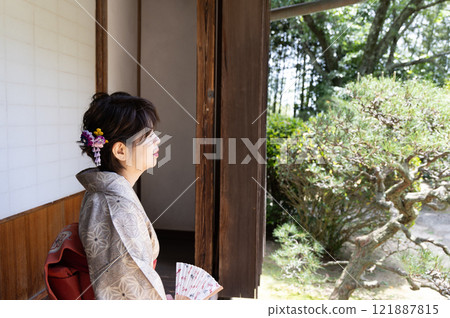 A woman in a kimono sitting on a veranda (profile) A woman in a kimono sitting on a veranda (profile) 121887815