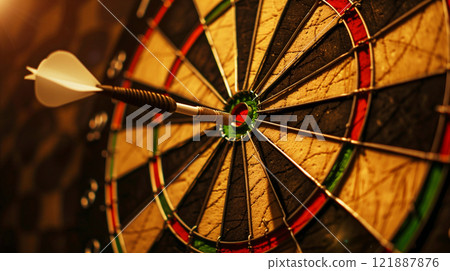 A dart hitting the bull's-eye on a dartboard 121887876