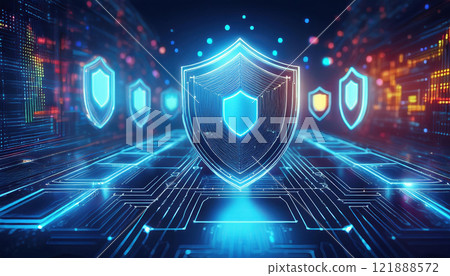 Futuristic security shields in vibrant digital landscape symbolize advanced protection in cryptocurrency exchange market. This captures essence of secure financial environment 121888572