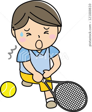 Illustration of a man feeling pain while playing tennis 121888610