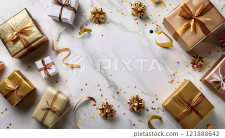 Wrapped gift boxes arranged on white marble surface, surrounded by festive decorations and ribbons, creating joyful and celebratory atmosphere 121888642