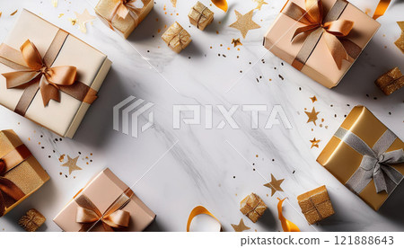Wrapped gift boxes arranged on white marble surface with golden decorations, creating festive atmosphere perfect for celebrations 121888643