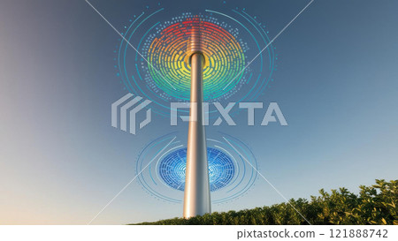 sleek 5G tower radiating colorful digital waves against clear blue sky, surrounded by lush greenery, softly lit by warm glow of golden hour 121888742