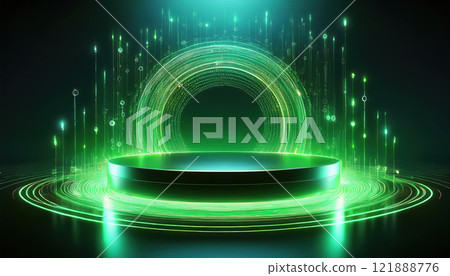 conceptual art piece featuring empty circular product stand surrounded by glowing green light and digital elements, creating futuristic atmosphere 121888776