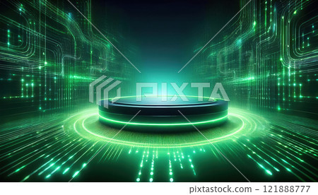 conceptual art piece featuring empty circular product stand illuminated by glowing green lights, surrounded by digital circuitry and futuristic elements 121888777