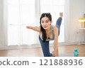 Asian women are exercising with yoga poses, health and wellness concept, exercise 121888936