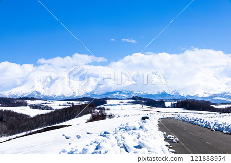 A winter landscape of Biei, Hokkaido, with a clear blue sky A winter landscape of Biei, Hokkaido, with a clear blue sky 121888954