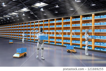 Automation warehouse with assistant robot work in warehouse Automation warehouse with assistant robot work in warehouse 121889255