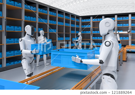 Automation warehouse with assistant robot work in warehouse 121889264