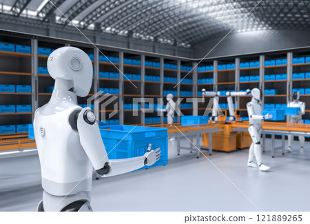 Automation warehouse with assistant robot work in warehouse 121889265