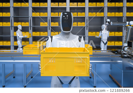 Automation warehouse with assistant robot work in warehouse 121889266