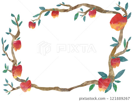 Stylish decorative frame material of apples and tree branches in paper-cut style 121889267