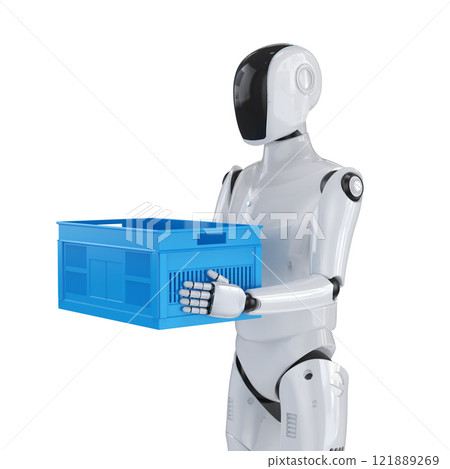 Warehouse robot hold empty plastic crate isolated on white 121889269